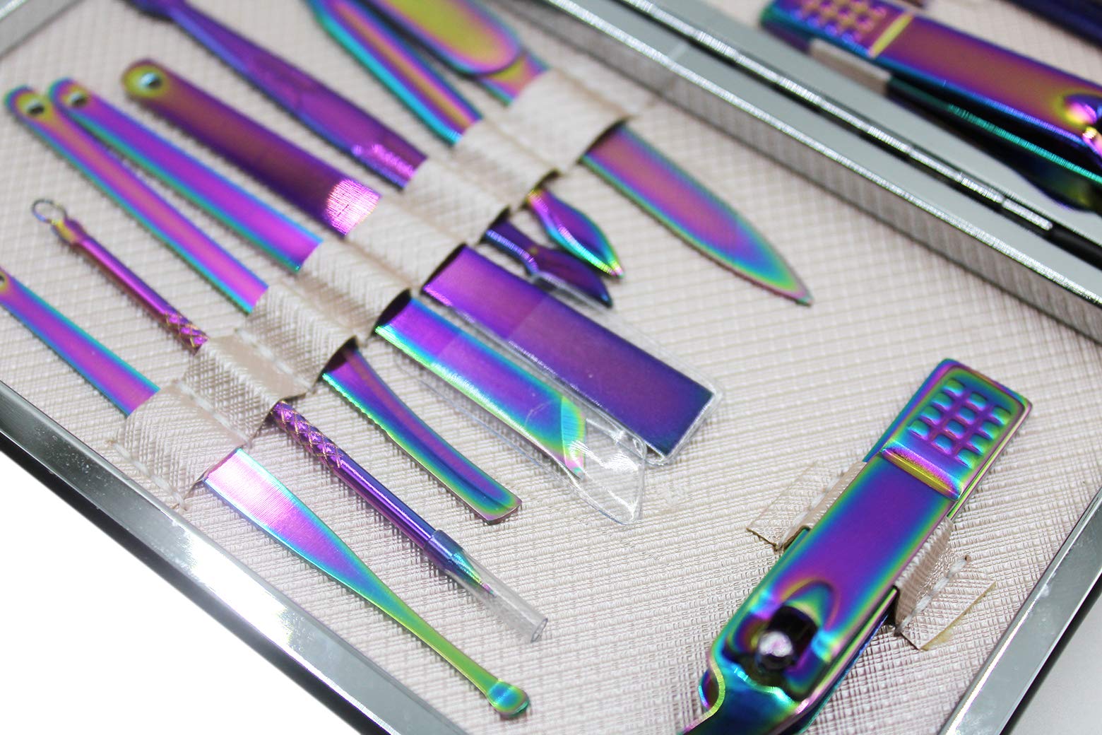 Professional Stainless Steel Chameleon Nail Clipper Travel & Grooming Kit Nail Tools Manicure & Pedicure Set of 15pcs with Luxurious Case(Purple)